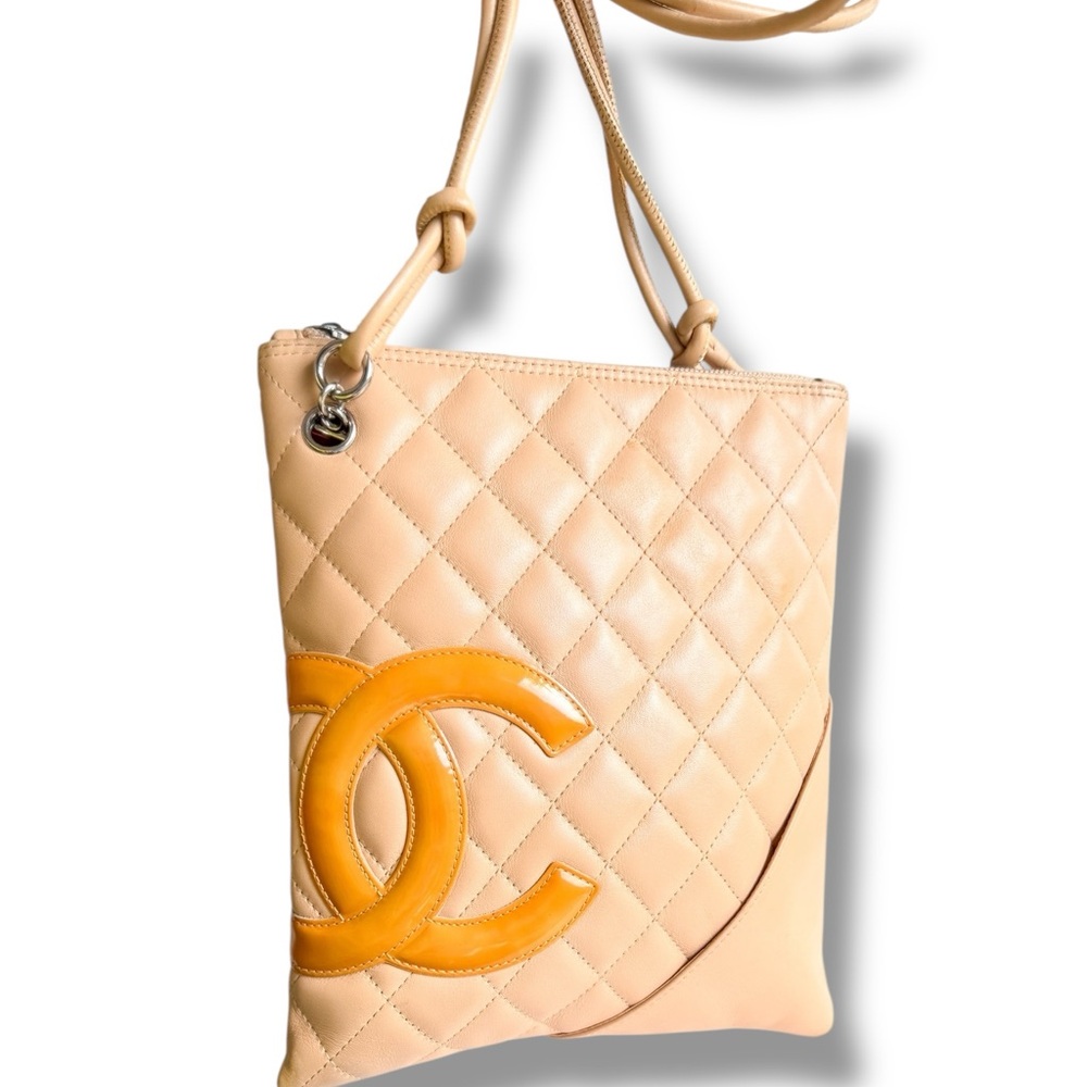Chanel Ligne Cambon Messenger Beige Lambskin Patent Orange-Mustard CC Auth Card